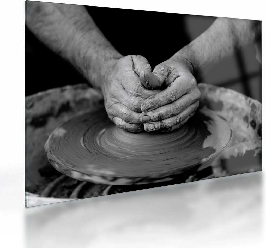 Tablou pe sticlă alb negru - producția de ceramică (70x50 cm)