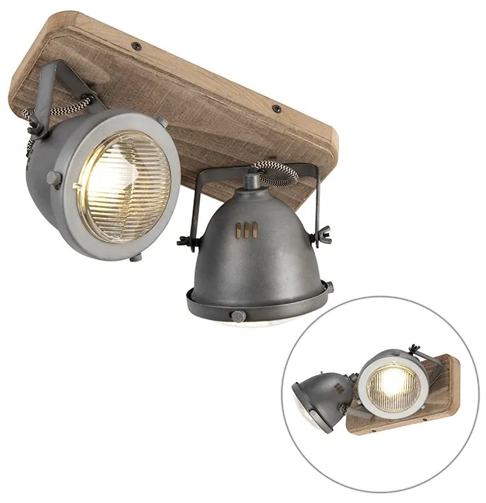 Spotlight industrial din oțel cu fixare din lemn și reglabil cu 2 lumini - Emado