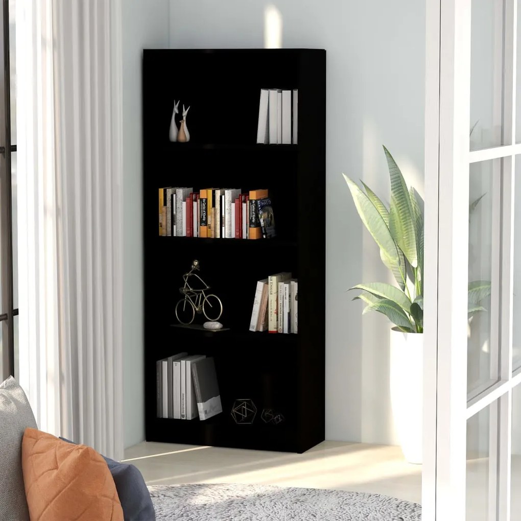 Bibliotecă cu 4 rafturi, negru, 60 x 24 x 142 cm, pal