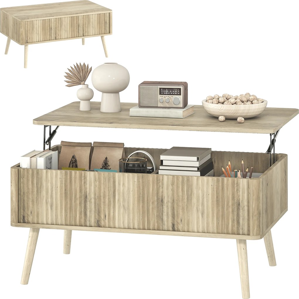 HOMCOM Masă de cafea rabatabilă, masă de salon cu 2 compartimente ascunse și picioare din pin, 91 x 56 x 43 cm, stejar | Aosom Romania