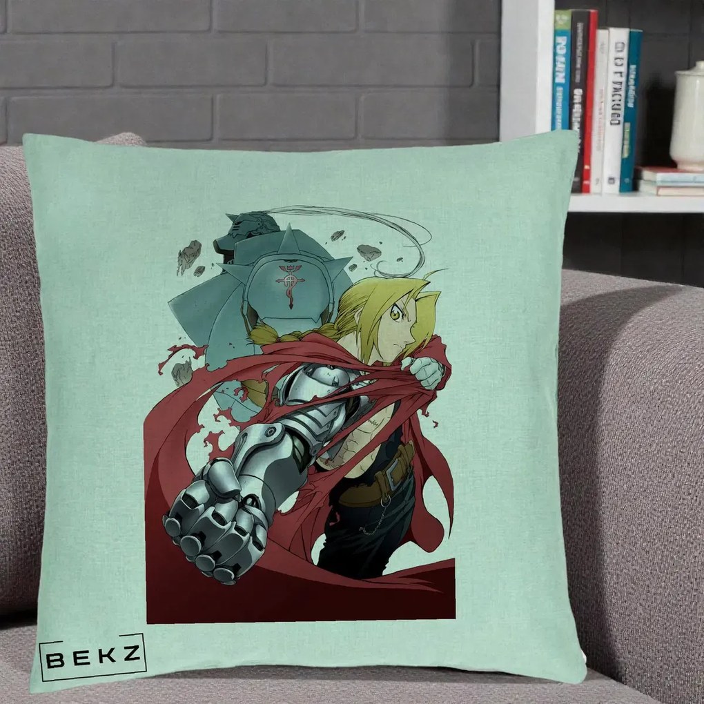 Perna Personalizata Fullmetal Alchemist Brotherhood Edward si Al Poster, 40x40 cm, Verde Menta, Husa Detasabila, Perna Inclusa, BEKZ®