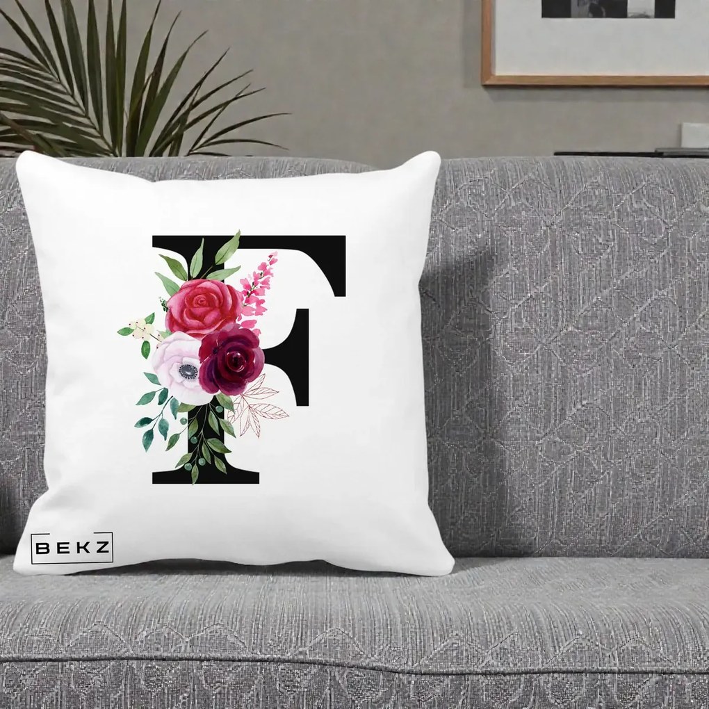Cadou Personalizat - Perna Personalizata Monograma Florala Litera F, 40x40 cm, Alba Mata, Husa Detasabila, Perna Inclusa, BEKZ®