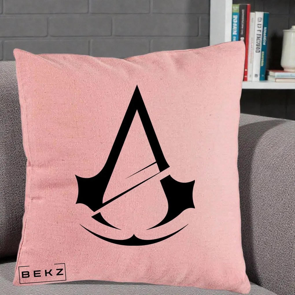 Perna Personalizata Assassin's Creed Minimalist, 40x40 cm, Roz, Husa Detasabila, Perna Inclusa, BEKZ®