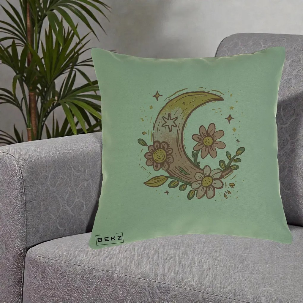 Perna Decorativa Luna Florala Boho, 40x40 cm, Verde, Husa Detasabila, Perna Inclusa, BEKZ®