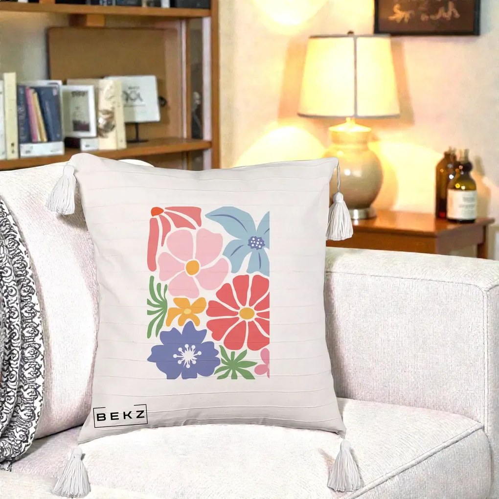 Perna Decorativa Flori Grafice Roz-Rosu-Albastru, 40x40 cm, Bej cu Franjuri, Husa Detasabila, Perna Inclusa, BEKZ®