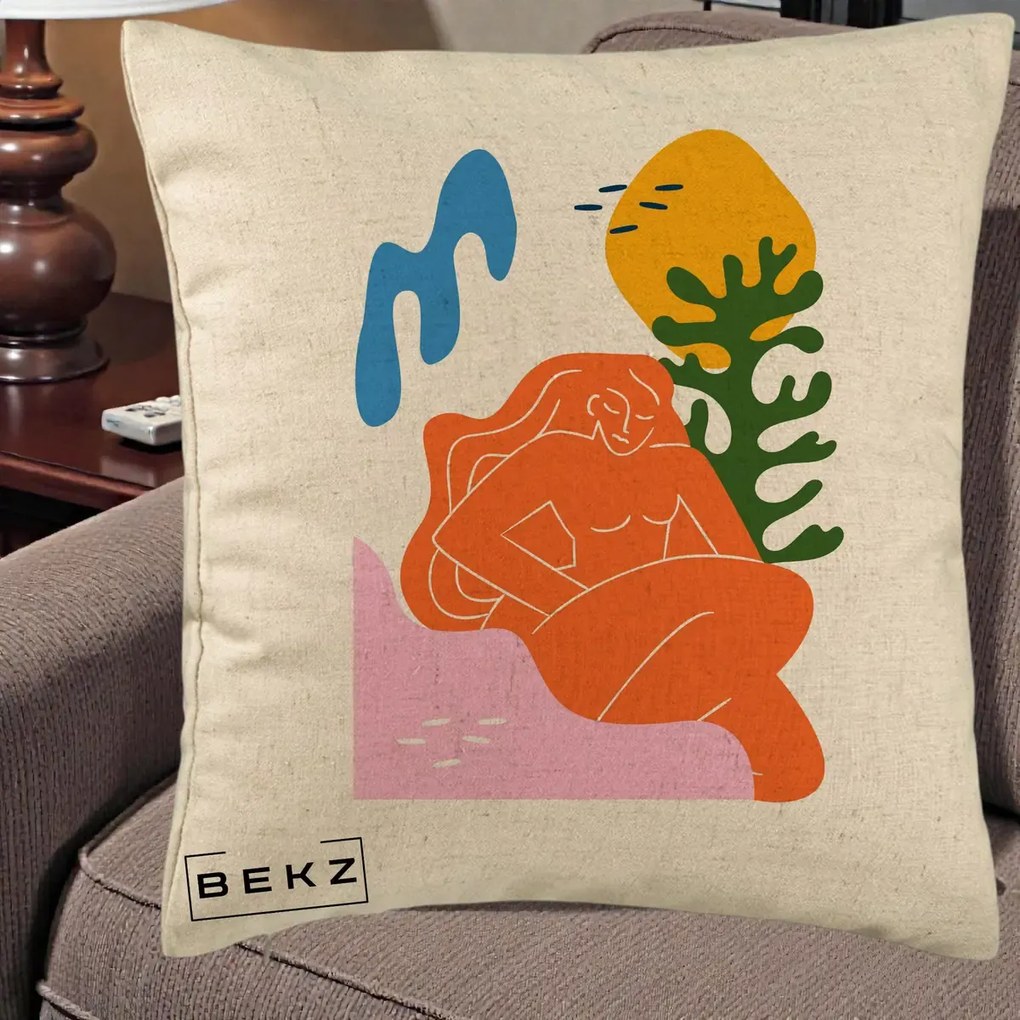 Perna Decorativa Femeie Portocalie Relaxata, 40x40 cm, Bej, Husa Detasabila, Perna Inclusa, BEKZ®