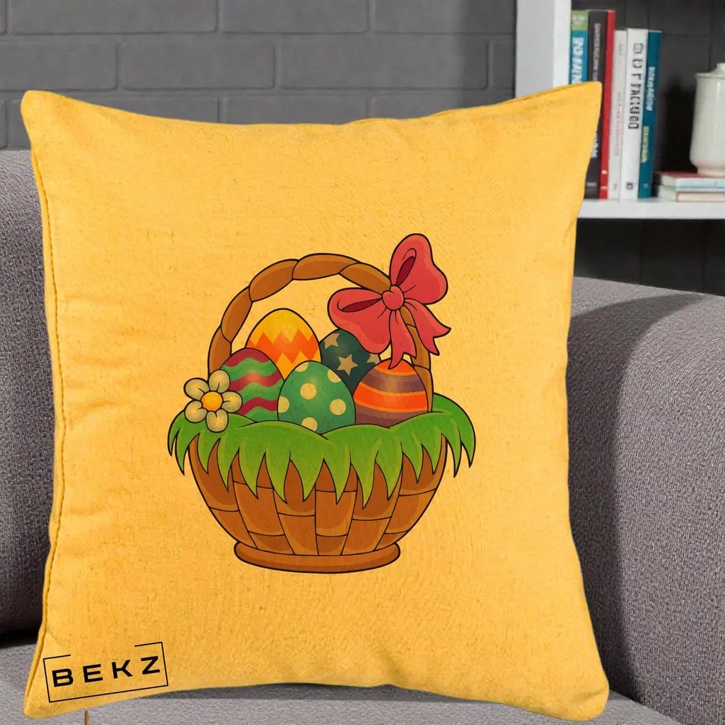 Perna de Paste Cos cu Oua de Pasti Colorat, 40x40 cm cu Umplutura, Galben, BEKZ