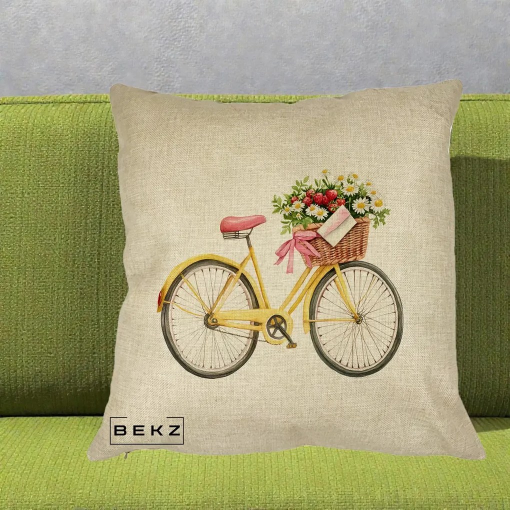 Perna Decorativa Bicicleta Galbena cu Cos de Flori Primavara, 40x40 cm, Crem, Husa Detasabila, Perna Inclusa, BEKZ®