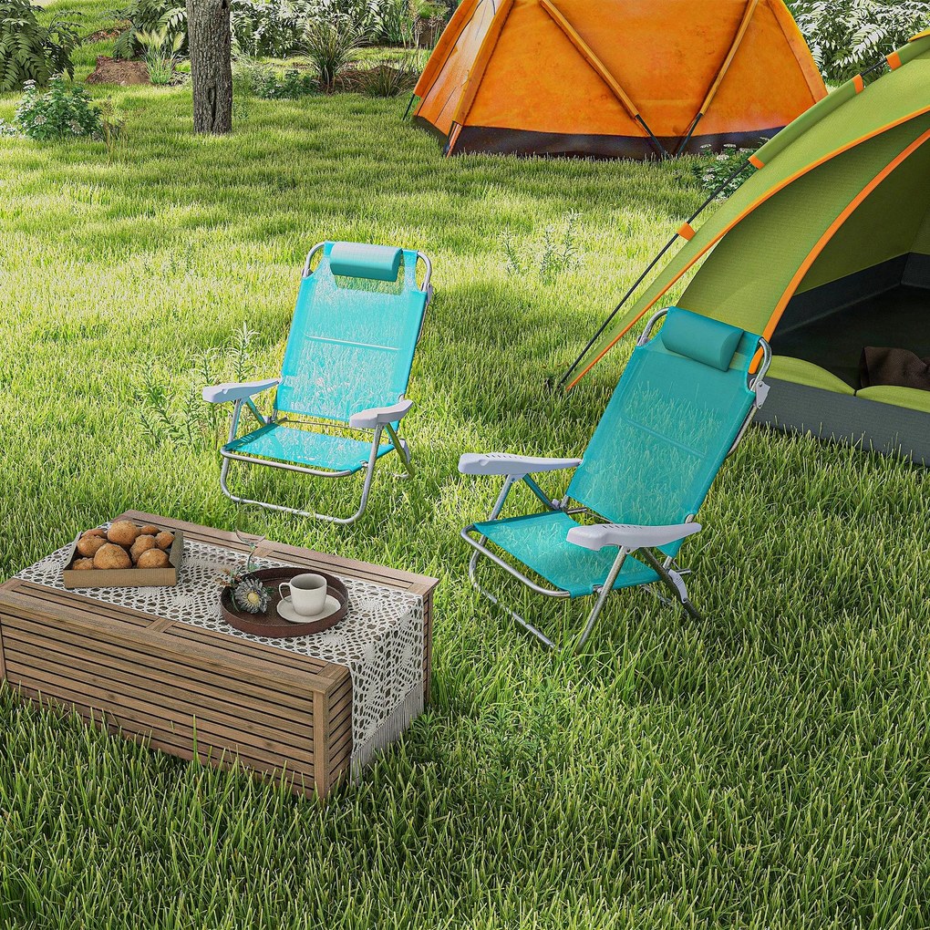 Outsunny Set 2 Scaune de Camping Pliabile cu Tetieră Căptușită și Spătar Reglabil în 6 Poziții, 62x65x80 cm, Albastru | Aosom Romania