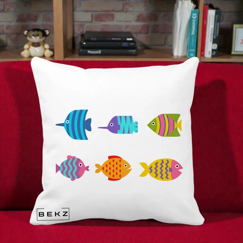 Perna Decorativa Pesti Colorati Cartoon, 40x40 cm, Alba Mata, Husa Detasabila, Perna Inclusa, BEKZ®