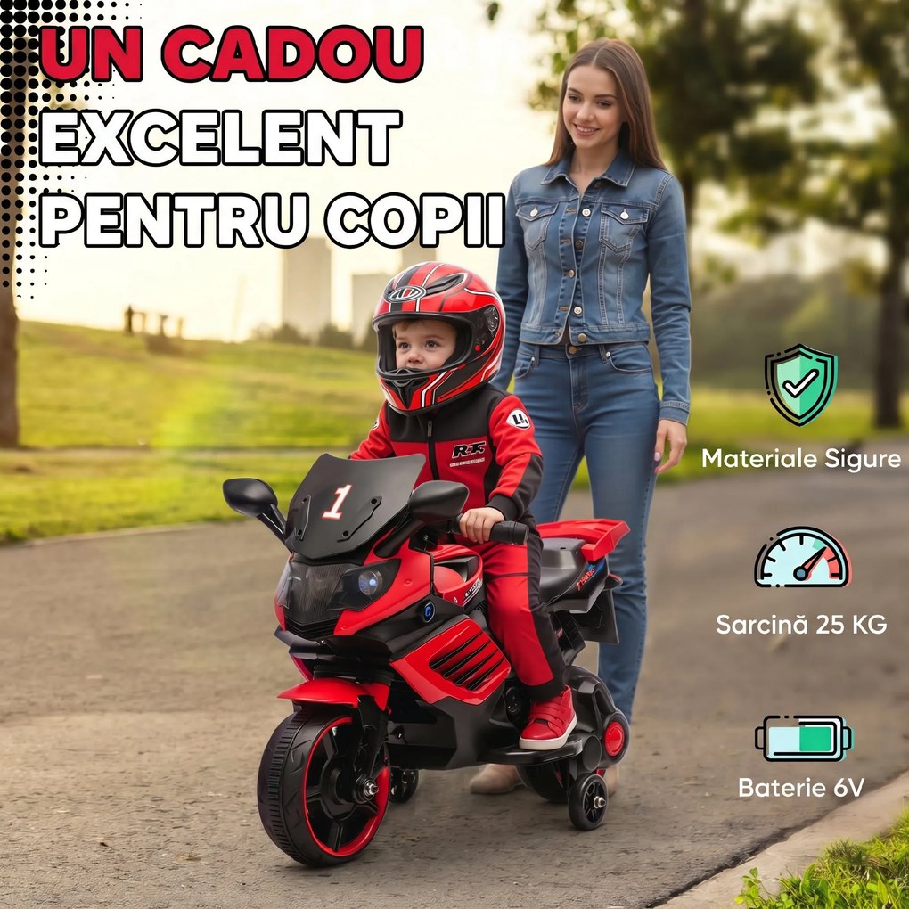 AIYAPLAY Motocicletă Electrică pentru Copii 18-36 luni, 6V, cu Roți Detașabile, Faruri și Melodii, Roșu | Aosom Romania
