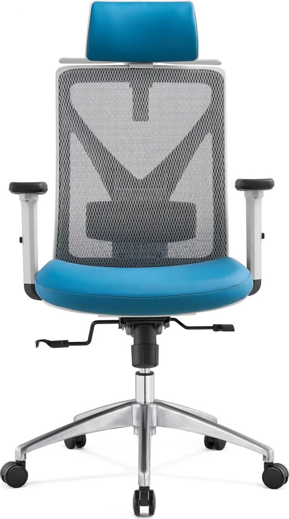 Scaun ergonomic Mike-H, sezut translatie, spatar reglabil inatime, mecanism multifunctional blocare/inclinare, balans, sezut translatie, cotiere 3D, Mesh/Piele, Gri/Albastru