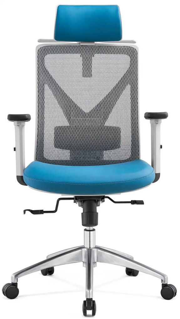 Scaun ergonomic Mike-H, spatar reglabil inatime, mecanism multifunctional blocare/inclinare, balans, sezut translatie, cotiere 3D, Mesh/Piele, Gri/Albastru