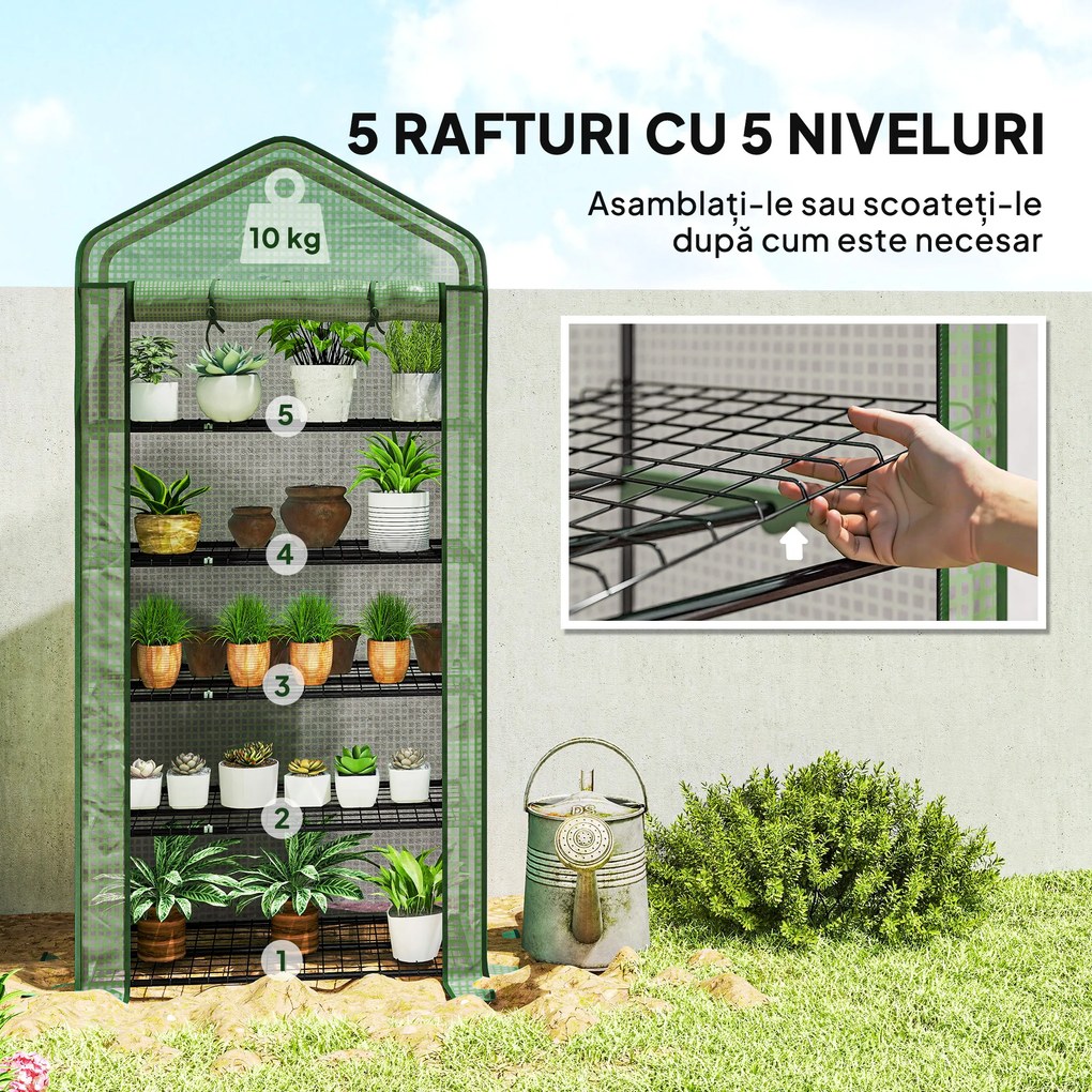Outsunny Seră Mini pe 5 Niveluri cu Husă Ranforsată, Seră Portabilă cu Ușă Rulabilă și Rafturi de Sârmă, 193x90x49 cm, Verde | Aosom Romania