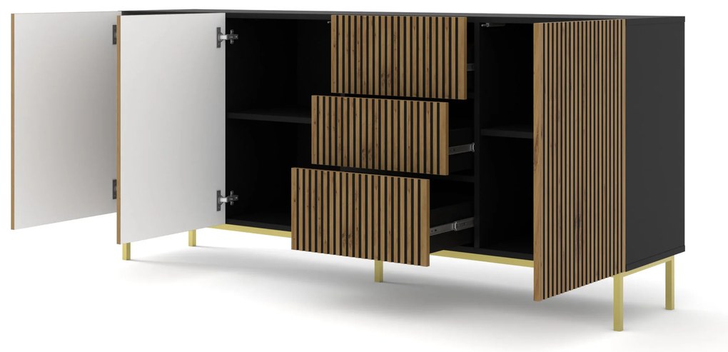 Comodă F 3D3S 200 Rowanna (Negru + Stejar artisan + Auriu). 1125072