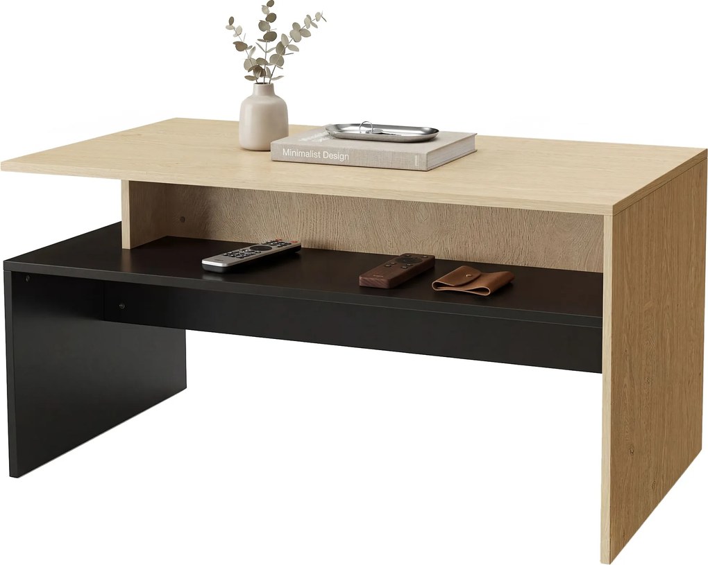 HOMCOM Masă de Cafea Modernă Bicoloră cu Niveluri Decalate și Poliță de Depozitare, 95 x 55 x 50 cm, Lemn Natural și Negru | Aosom Romania