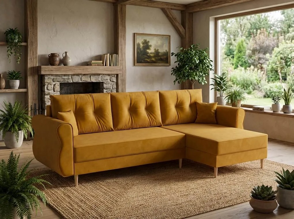 OFERTA Canapea extensibila reversibila in forma de L SILVIANO 230x140 cm, mustar II calitate.