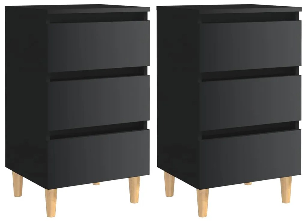 805902 vidaXL Noptiere, picioare lemn, 2 buc., negru extralucios, 40x35x69 cm