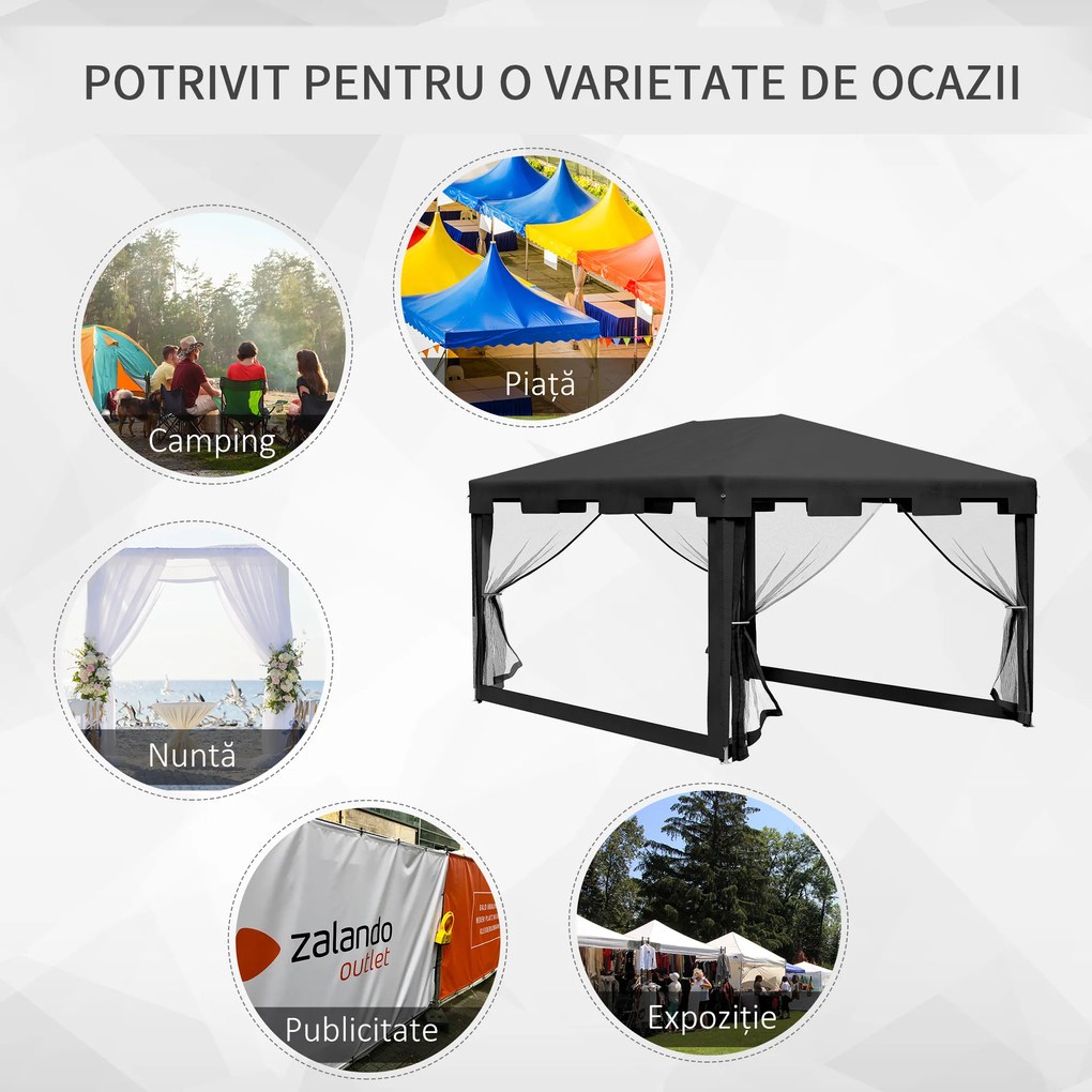 Outsunny Foisor 4x3 m cu Plasa de Tantari si 2 Intrari, Foisor de Gradina din Metal si PE, Gri Inchis