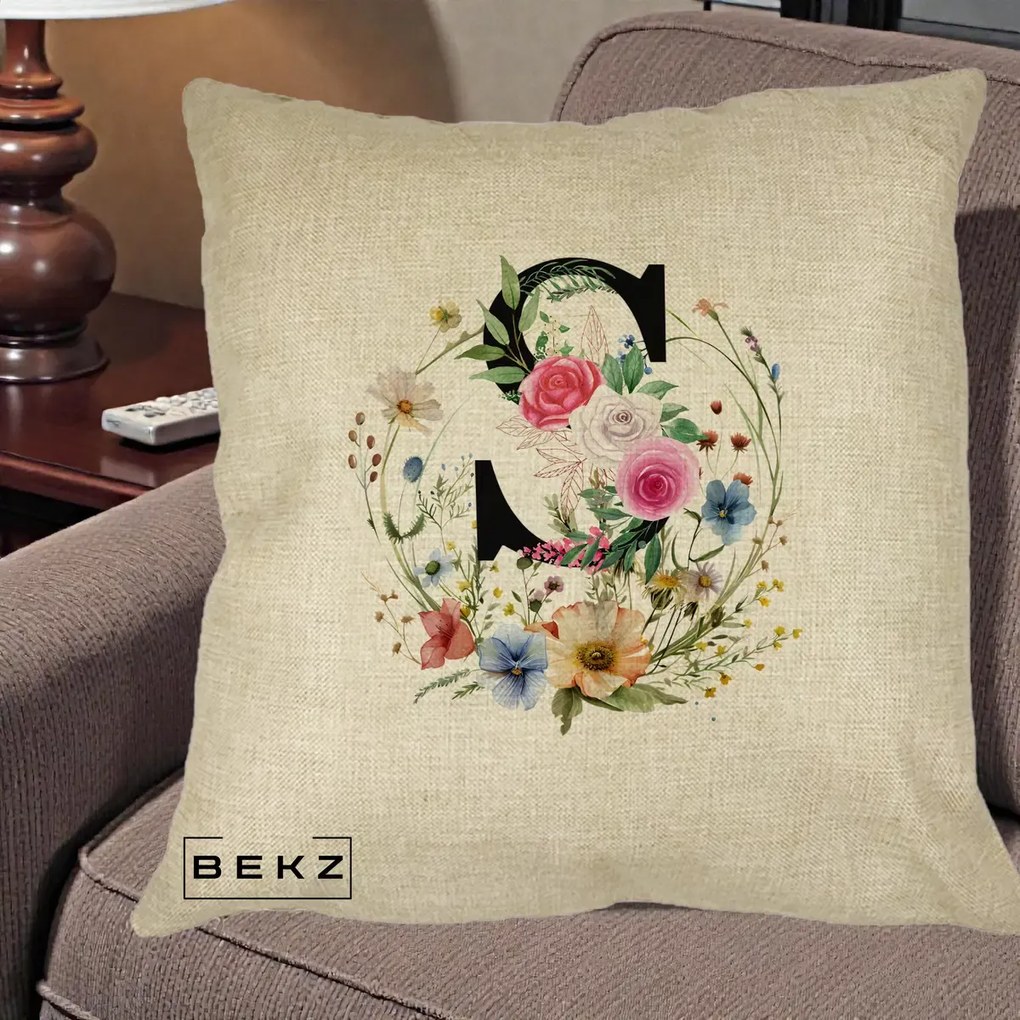 Cadou Personalizat - Perna Personalizata Monogram Litera S cu Flori Acuarela, 40x40 cm, Crem, Husa Detasabila, Perna Inclusa, BEKZ®