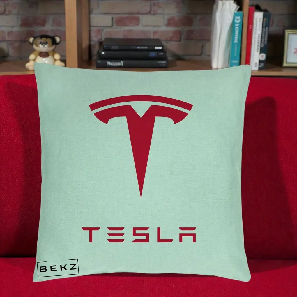 Perna Personalizata cu emblema Tesla, 40x40 cm, Verde Menta, Husa Detasabila, Perna Inclusa, BEKZ®