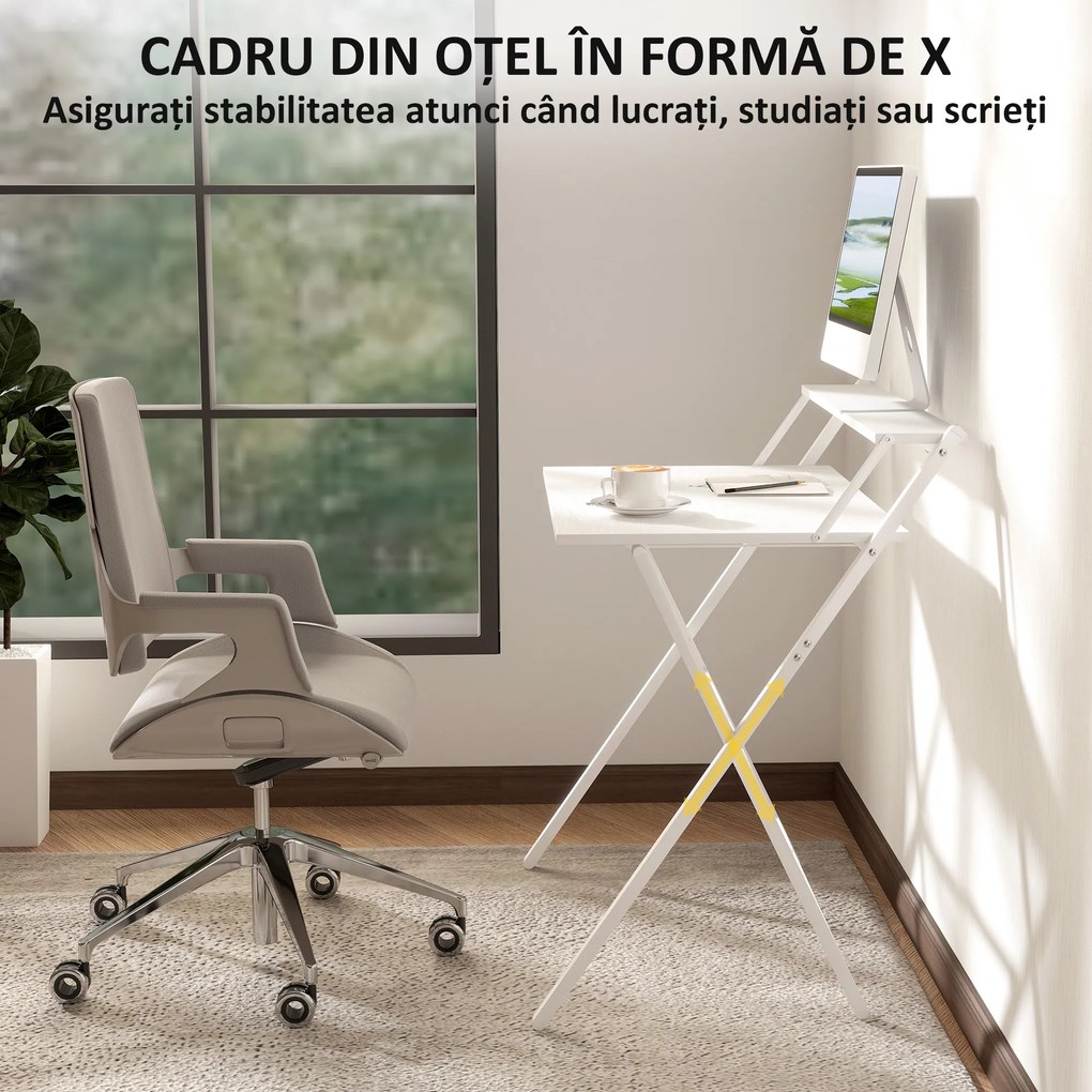 HOMCOM Birou Pliabil cu Poliță pentru Monitor, 81.5x62x86.5 cm Alb | Aosom Romania