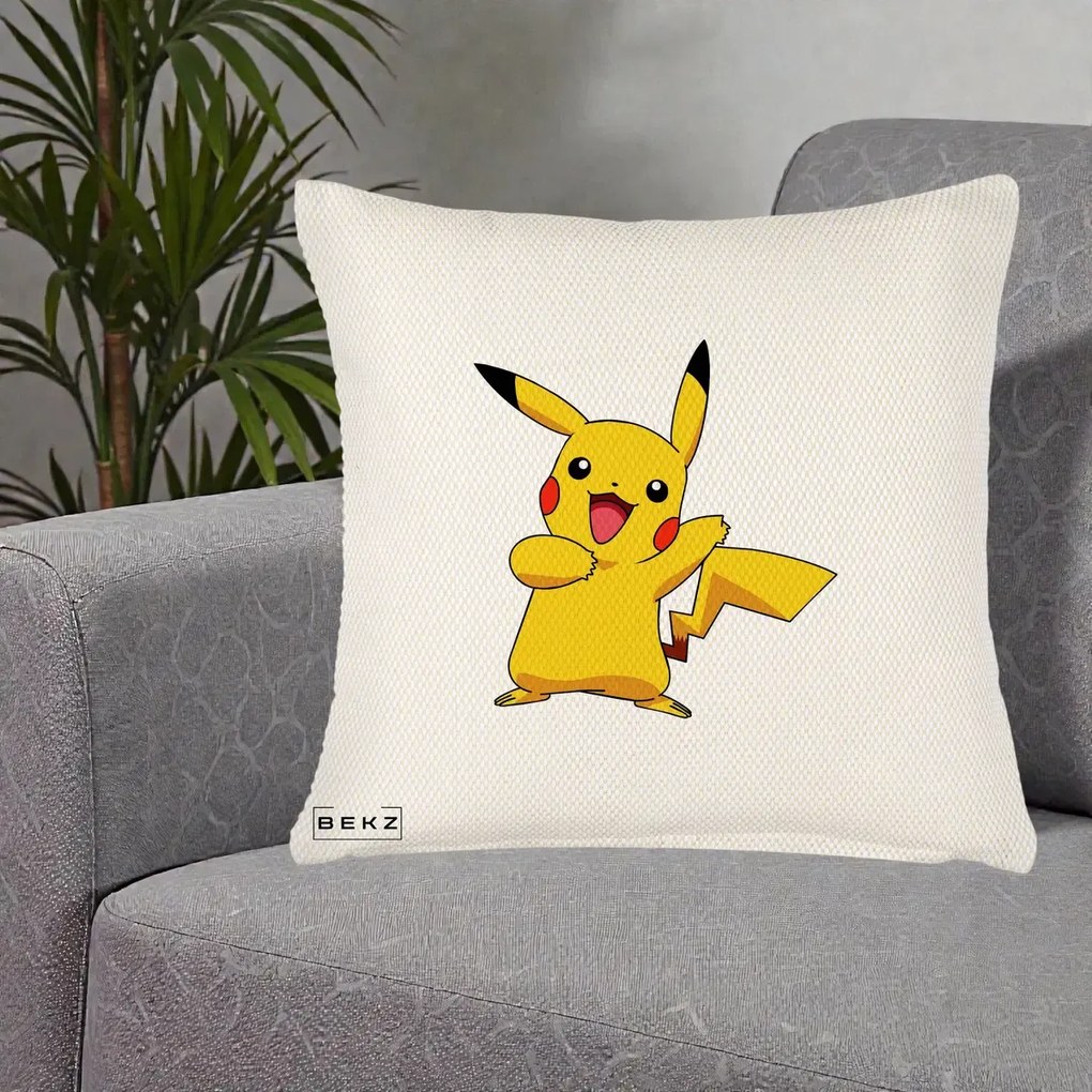 Perna Personalizata Pikachu Fericit, 40x40 cm, Crem Reliefat, Husa Detasabila, Perna Inclusa, BEKZ®
