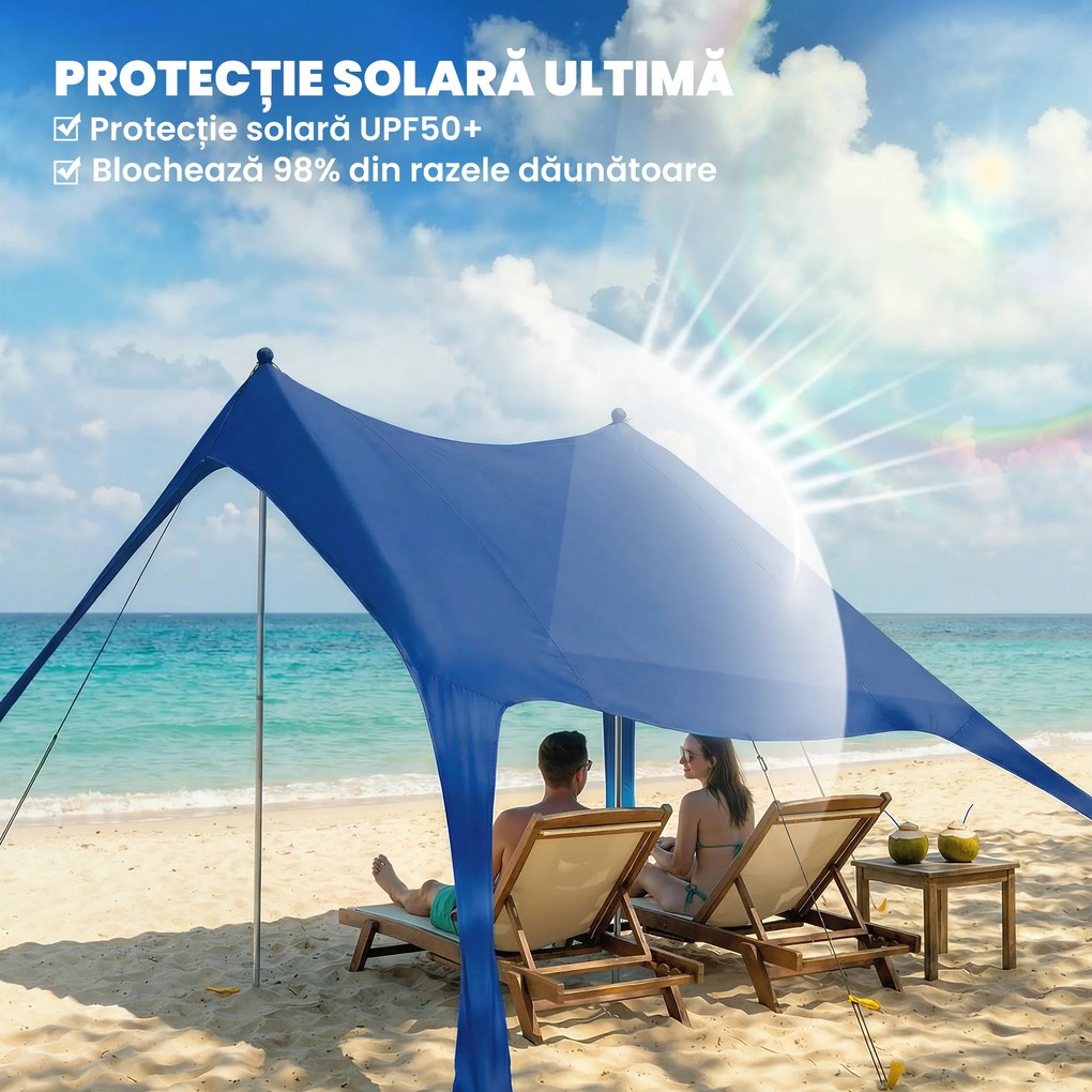 Outsunny Cort de Plajă pentru 2-4 Persoane, Covoraș, Lopată, Protecție Solară UPF50+, Albastru | Aosom Romania