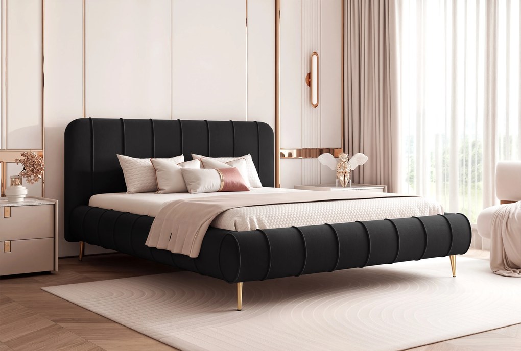 Pat Stripe 120 x 200 Cm , Picioare Metalice, Lada depozitare, Tapiterie Catifea Negru