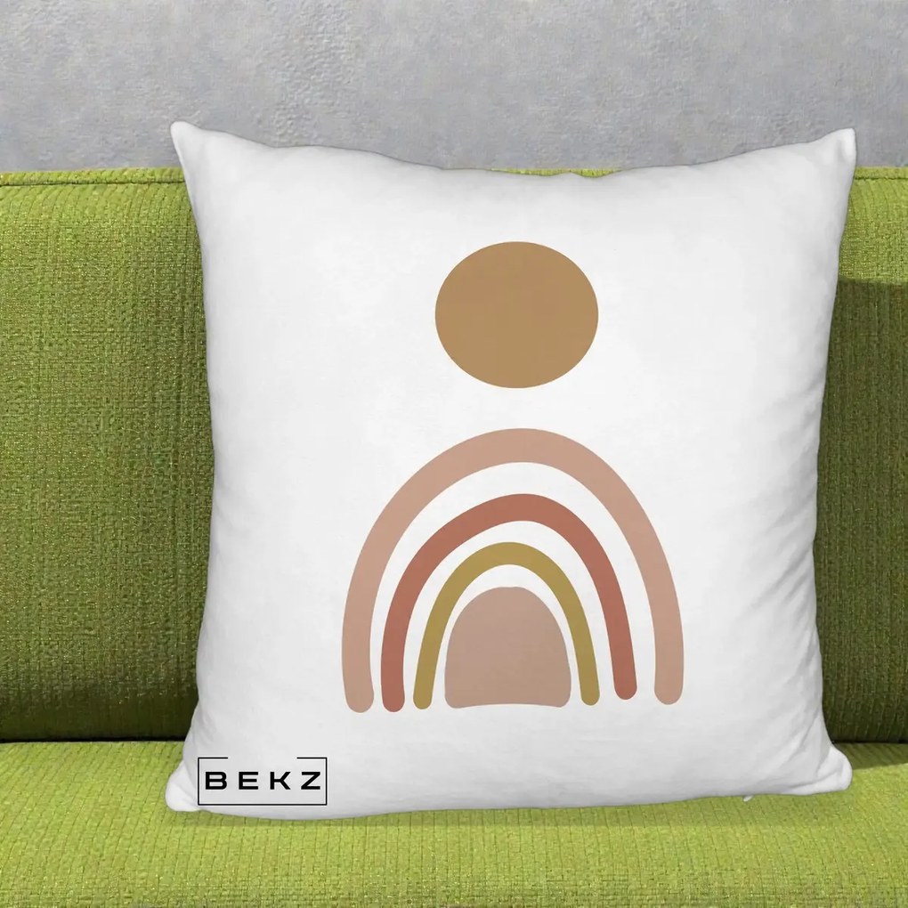 Perna Decorativa Boho Rainbow Sun, 40x40 cm, Alb Pufos, Husa Detasabila, Perna Inclusa, BEKZ®