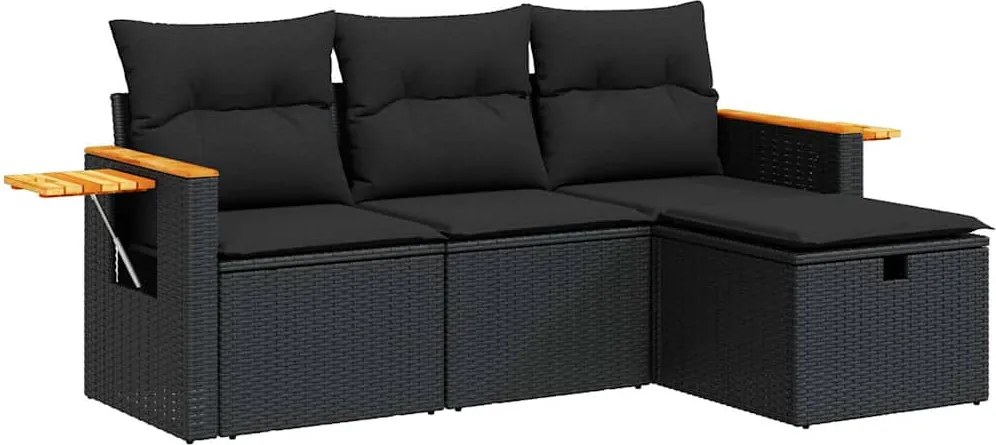 vidaXL Set mobilier de grădină cu perne, 4 piese, negru, poliratan
