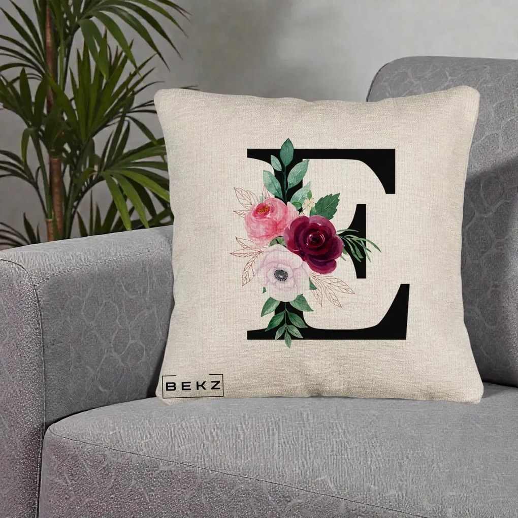 Cadou Personalizat - Perna Personalizata Monograma Florala Litera E, 40x40 cm, Bej Canapea, Husa Detasabila, Perna Inclusa, BEKZ®