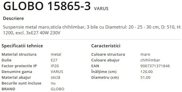 Lustra cu 3 pendule design modern Varus maro, chihlimbar