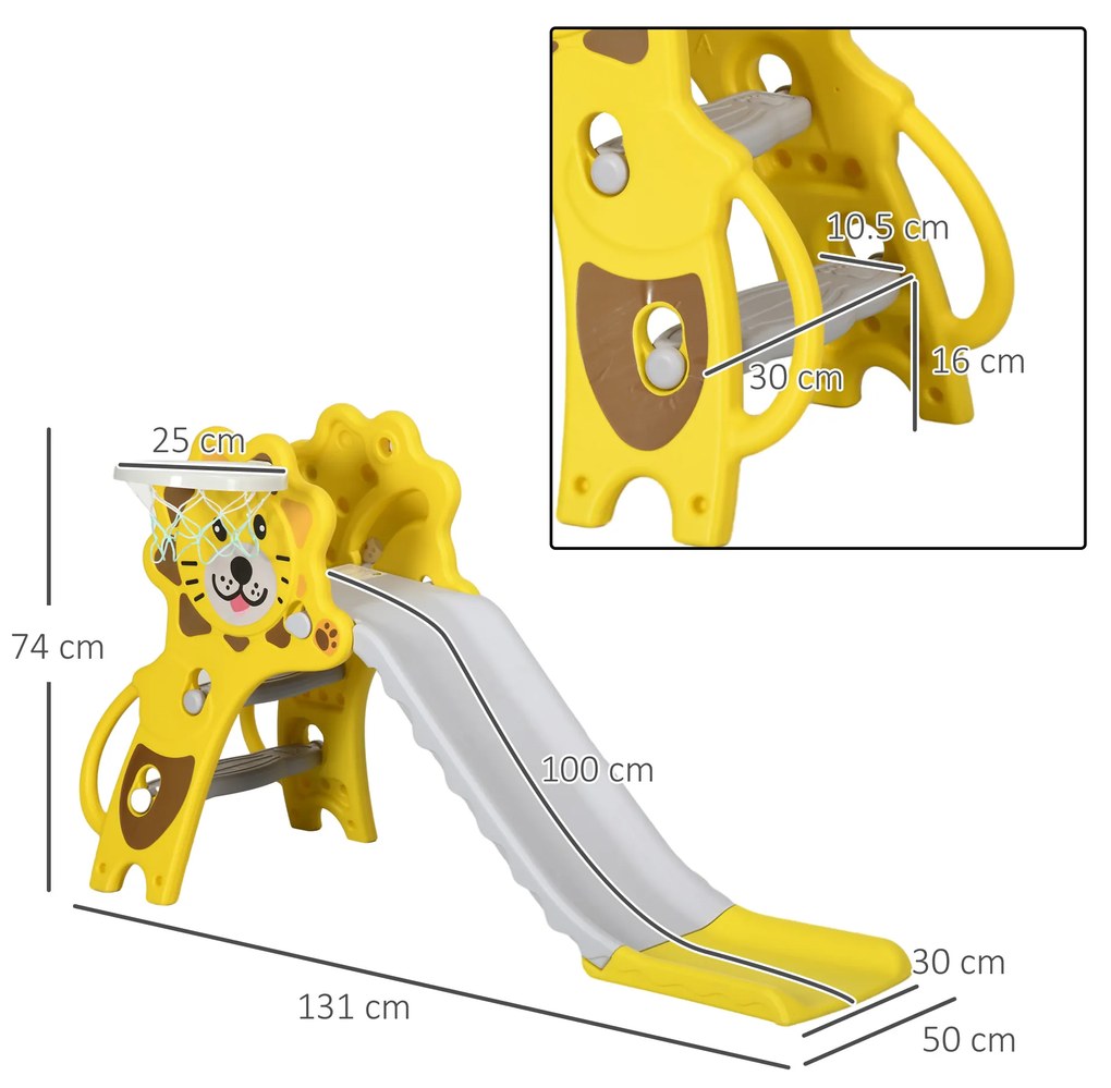 AIYAPLAY Tobogan pentru Copii 2 în 1 cu Coș de Baschet, Tobogan Interior pentru Copii 1-3 ani, 131x50x74 cm, Galben  | Aosom Romania