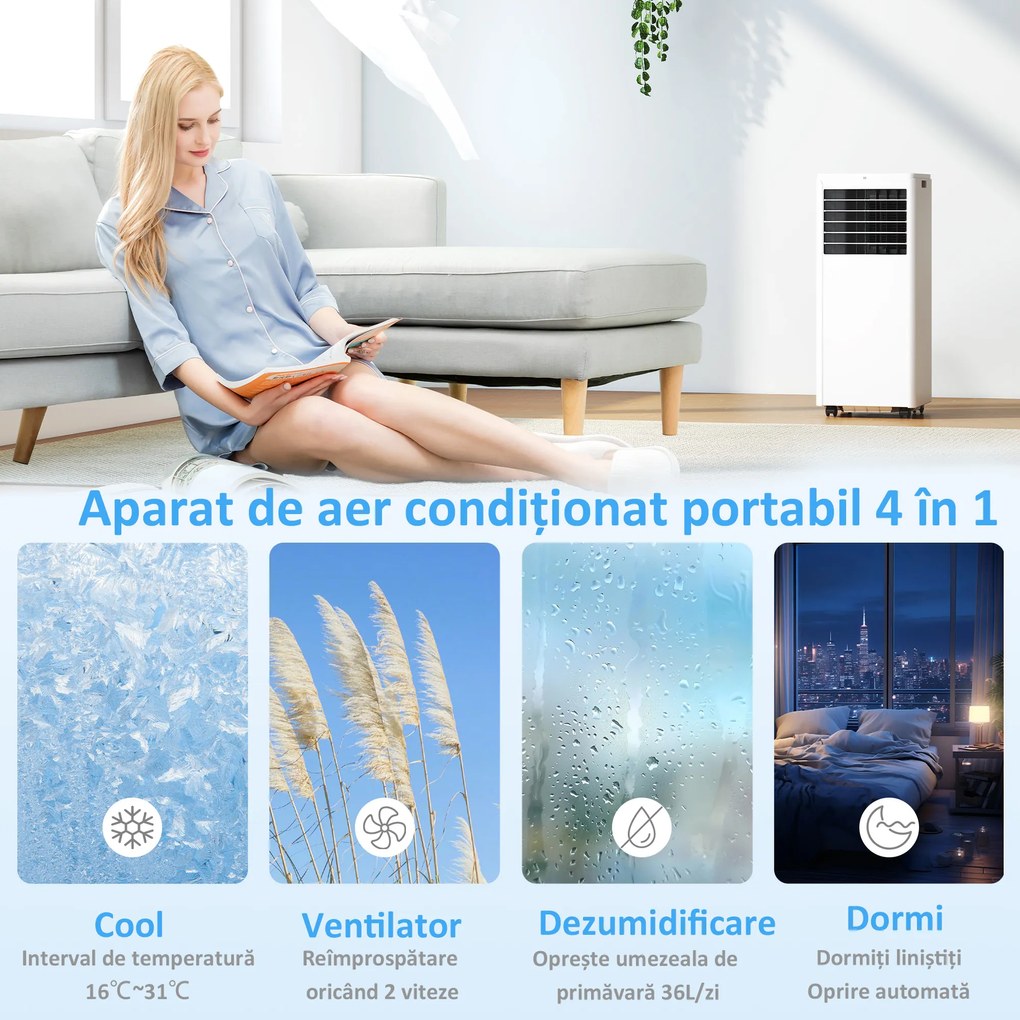 HOMCOM Aparat de Aer Condiționat Portabil 5000 BTU, Unitate 4-în-1: Răcire, Dezumidificare, Ventilator, Modul Sleep | Aosom Romania