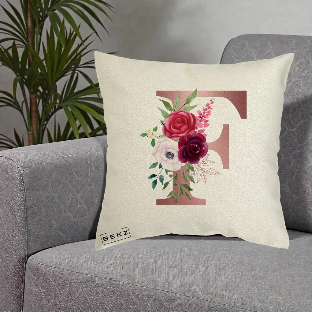 Cadou Personalizat - Perna Personalizata Monograma Rose Gold Litera F, 40x40 cm, Ecru, Husa Detasabila, Perna Inclusa, BEKZ®
