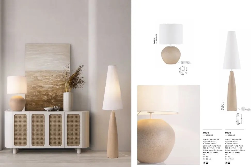 Lampadar decorativ, Ghips, Crem, Tesatura, Alb, Mizu