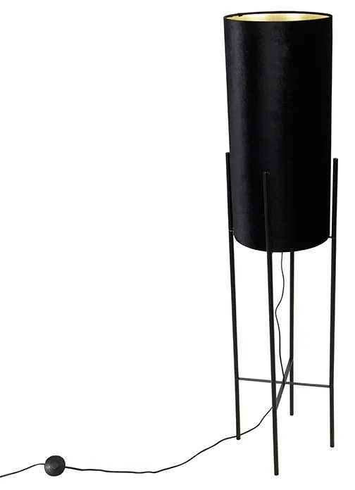 Lampă de podea design negru velur negru negru cu auriu - Bogat
