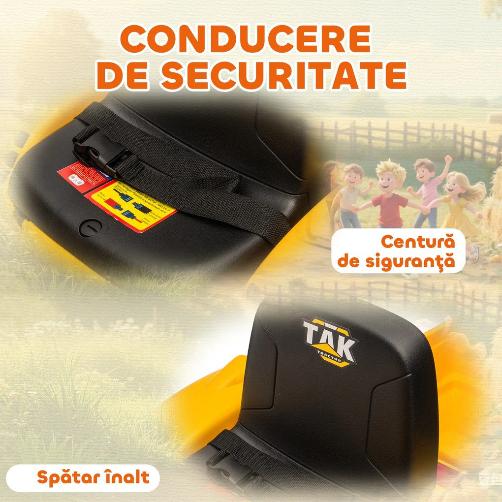 AIYAPLAY Excavator Electric pentru Copii 12V cu Cupă și Remorcă Detașabilă, Tractor Electric de Călărit cu 2 Motoare, Telecomandă, Conexiune Wireless, USB, Lumini și Muzică, 3-8 Ani, Galben | Aosom Romania