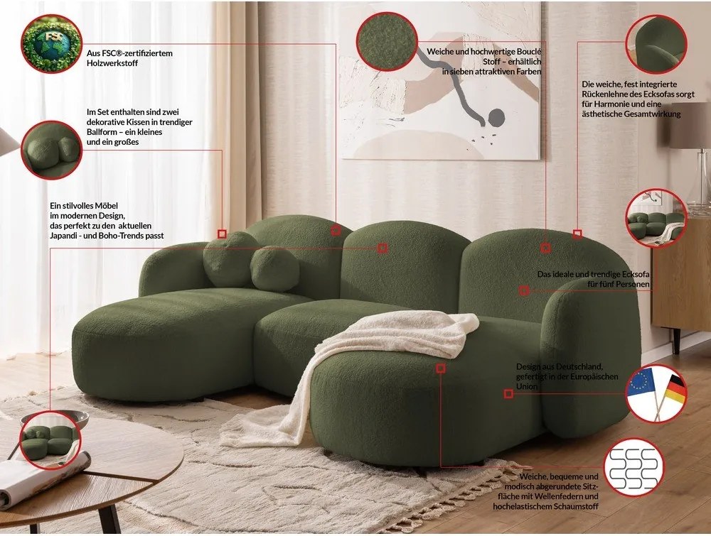 Colțar verde cu tapițerie din țesătură bouclé (în formă de "U") Orbit – Ropez