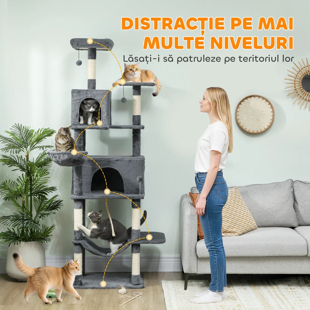 PawHut Arborele pentru Pisici mare, 202 cm, cu 6 Stâlpi de Zgâriat, 2 Hamace, 2 Stinghii, 2 Pompoane, Gri inchis | Aosom Romania