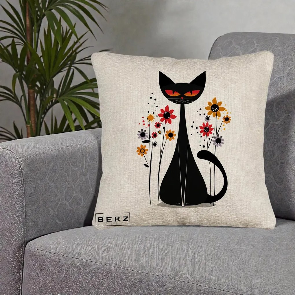 Perna Decorativa Pisica Neagra Ochi Rosii Flori, 40x40 cm, Bej Canapea, Husa Detasabila, Perna Inclusa, BEKZ®