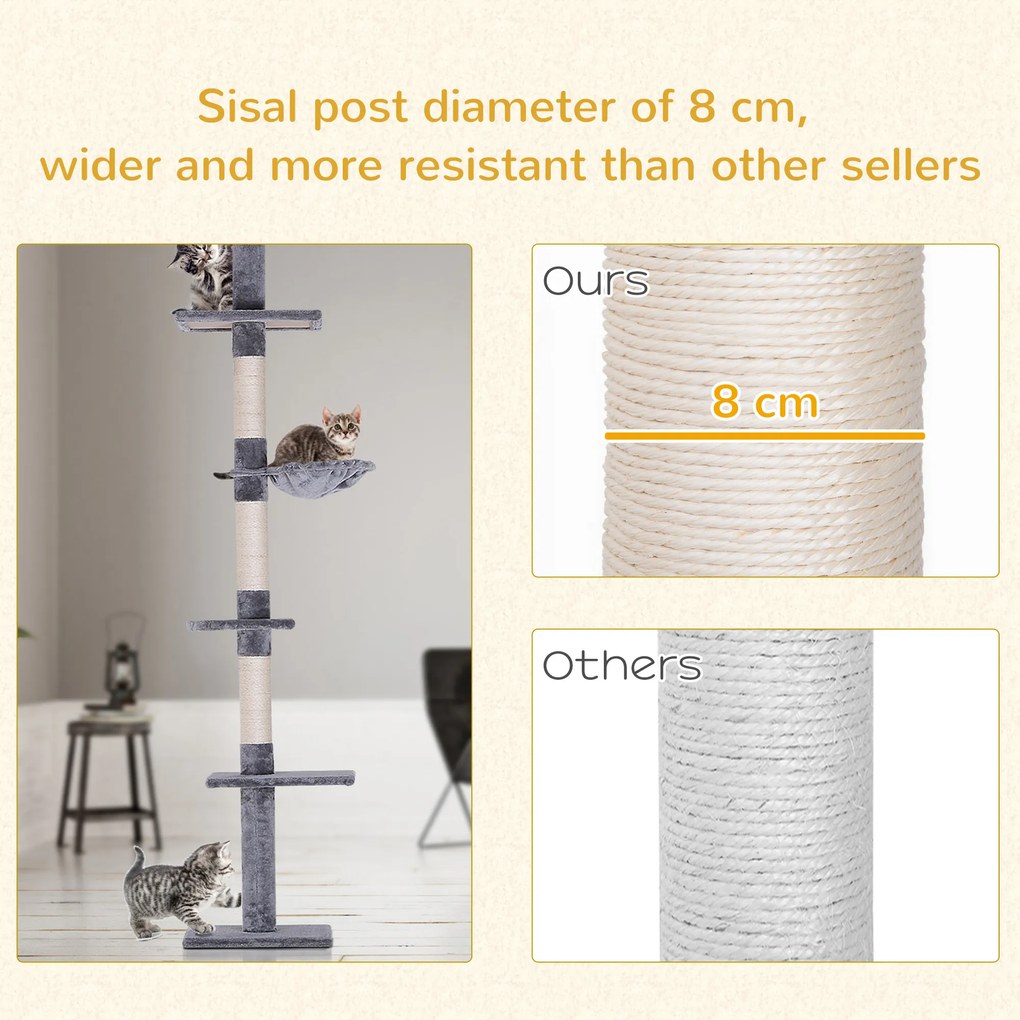 PawHut Ansamblu Pisici Înalt de la Podea la Tavan Gri Alb Înălțime Reglabilă Casuță Jocuri | Aosom Romania