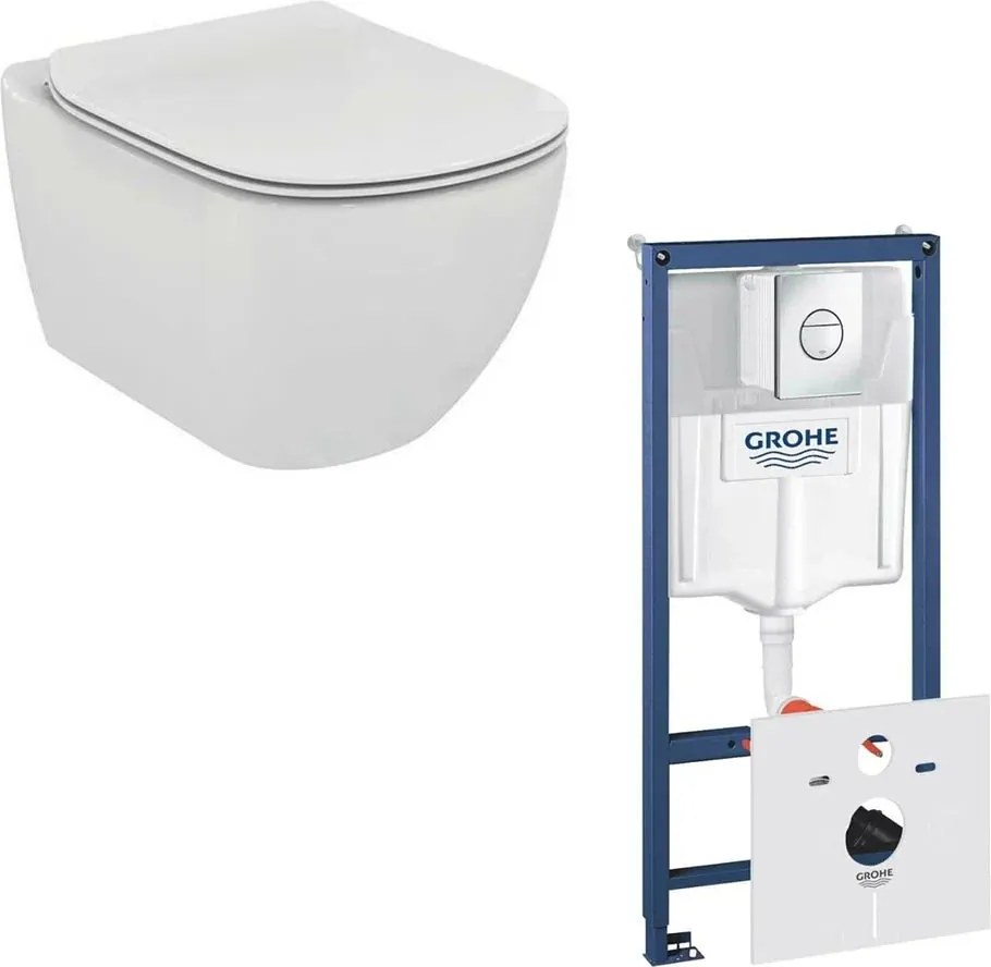 Set vas wc Ideal Standard Tesi AquaBlade cu capac soft close si rezervor Grohe cu clapeta Nova Cosmopolitan
