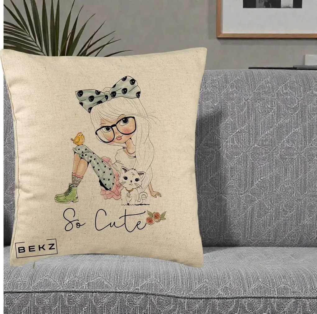 Perna Decorativa So Cute Fata Fashion, 40x40 cm, Bej, Husa Detasabila, Perna Inclusa, BEKZ®