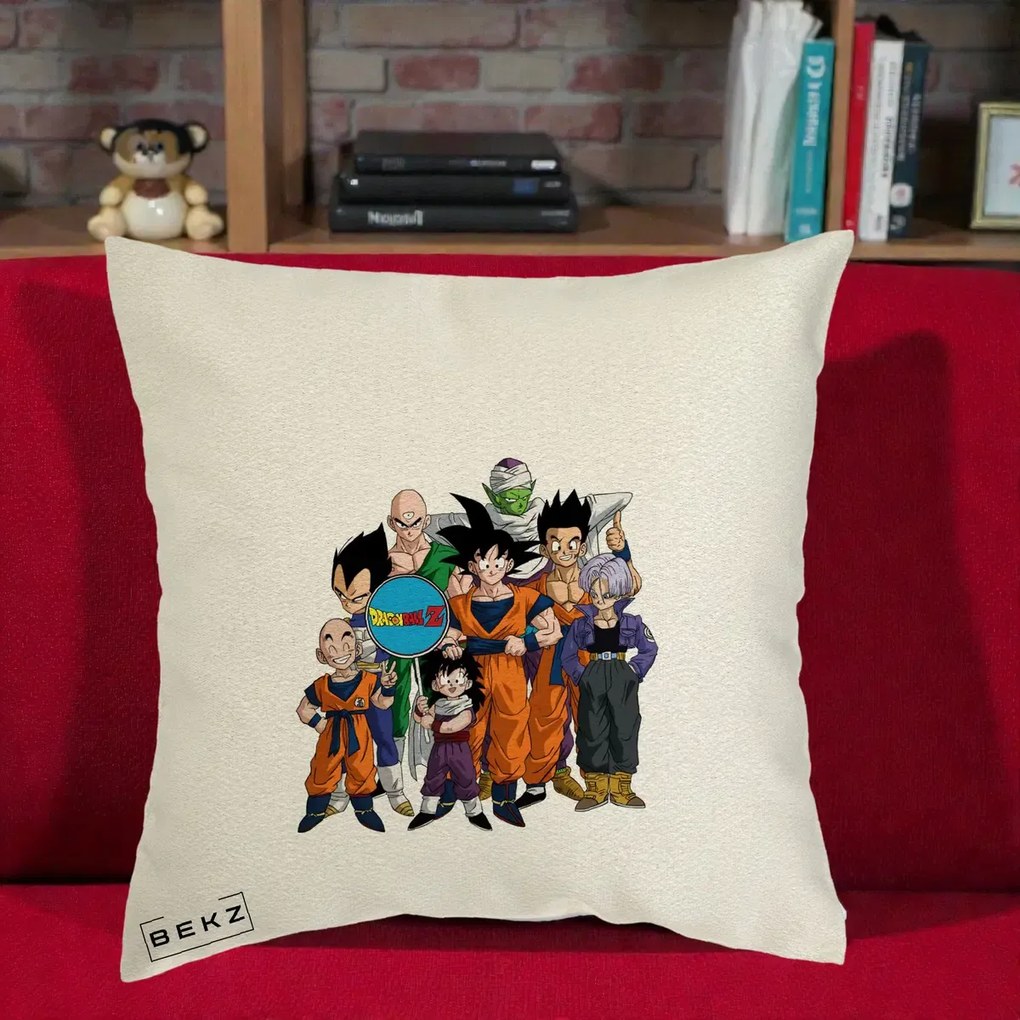 Perna Personalizata Dragon Ball Z Grup Complet, 40x40 cm, Ecru, Husa Detasabila, Perna Inclusa, BEKZ®