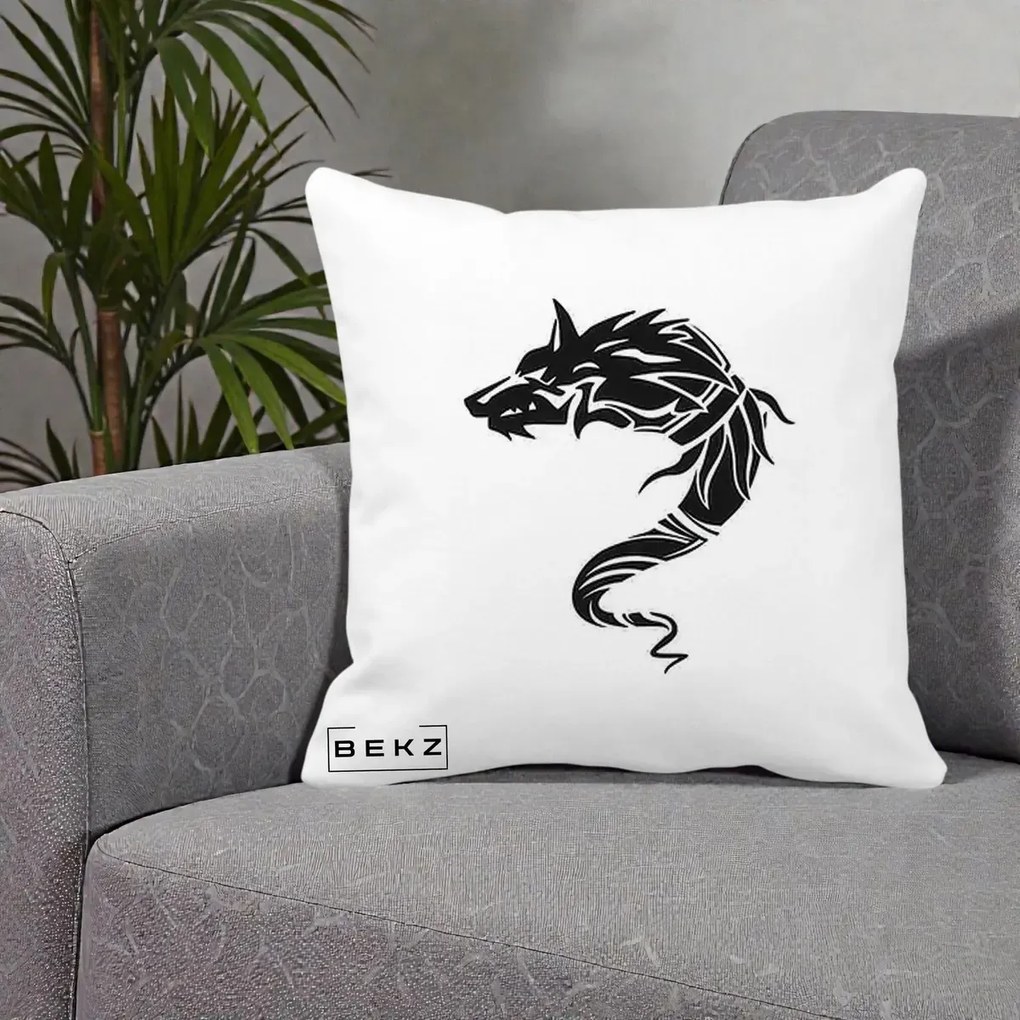 Perna Decorativa Lup Tribal Alb-Negru, 40x40 cm, Alba Mata, Husa Detasabila, Perna Inclusa, BEKZ®