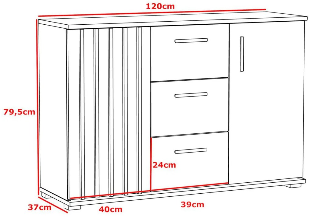 COM504 - Comoda 120 cm, cu 3 sertare si dulapuri pentru dormitor, living, dining: Maro