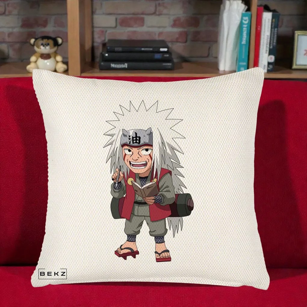 Perna Personalizata Naruto Jiraiya Sensei Chibi, 40x40 cm, Crem Reliefat, Husa Detasabila, Perna Inclusa, BEKZ®