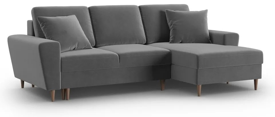 Colțar gri deschis extensibil, cu spațiu de depozitare cu tapițerie din catifea (cu colț pe partea dreaptă, cu șezlong) Kyoto – Cosmopolitan Design